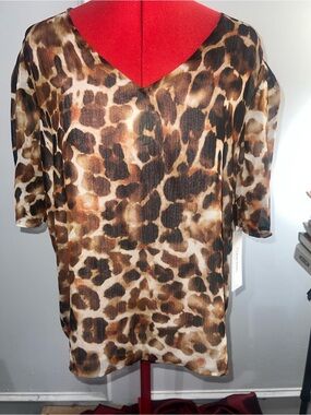 NWT Calvin Klein Women's Leopard Print V-Neck Top - Brown, Black, Cream XL